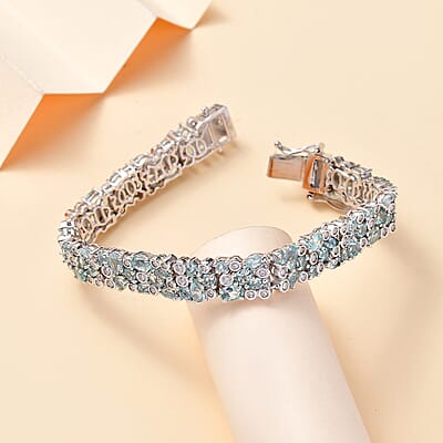 D'Joy Madagascar Lagoon Apatite and Moissanite 12.85 ctw Ocean Bubble Bracelet in Rhodium Over Sterling Silver (6.50 In)