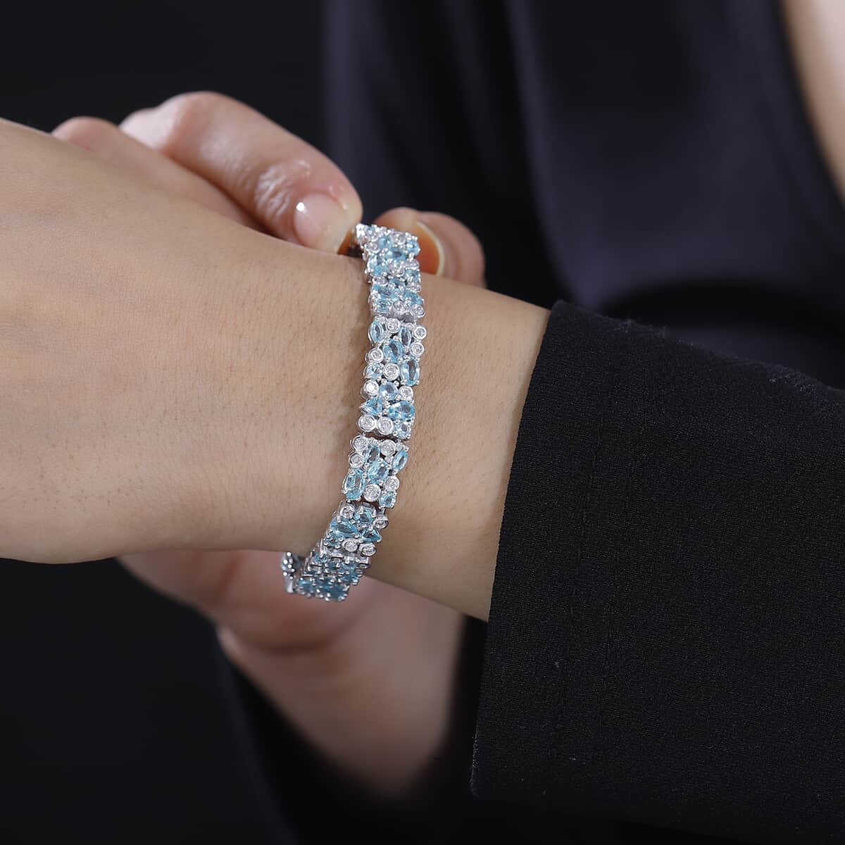 Madagascar Lagoon Apatite and Moissanite 12.85 ctw Ocean Bubble Bracelet in Rhodium Over Sterling Silver (6.50 In) image number 2