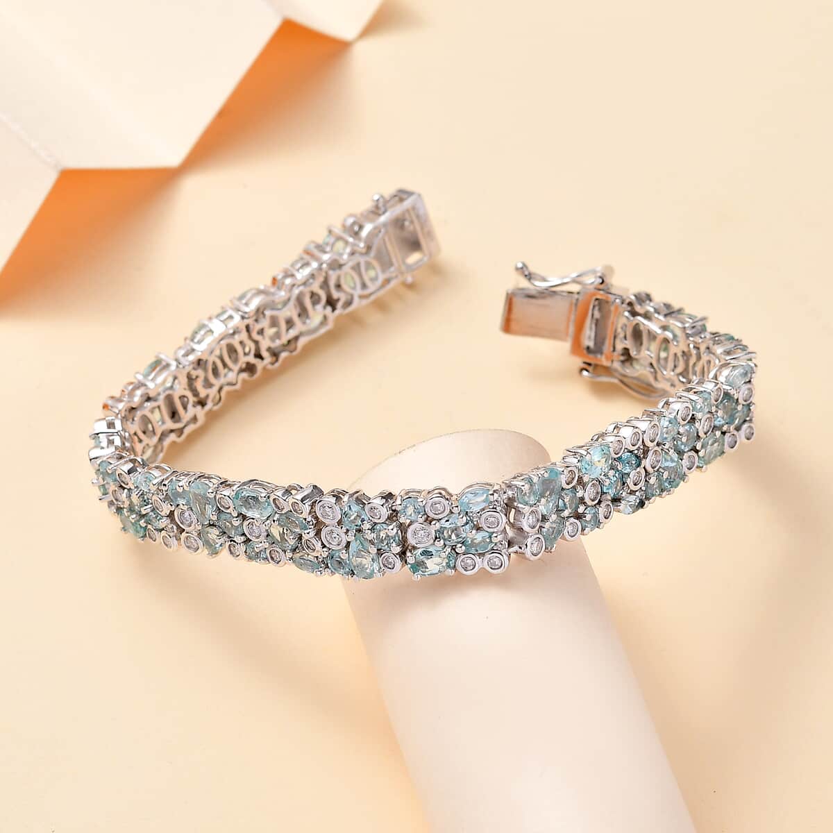 Madagascar Lagoon Apatite and Moissanite 14.85 ctw Ocean Bubble Bracelet in Rhodium Over Sterling Silver (8.00 In) image number 1