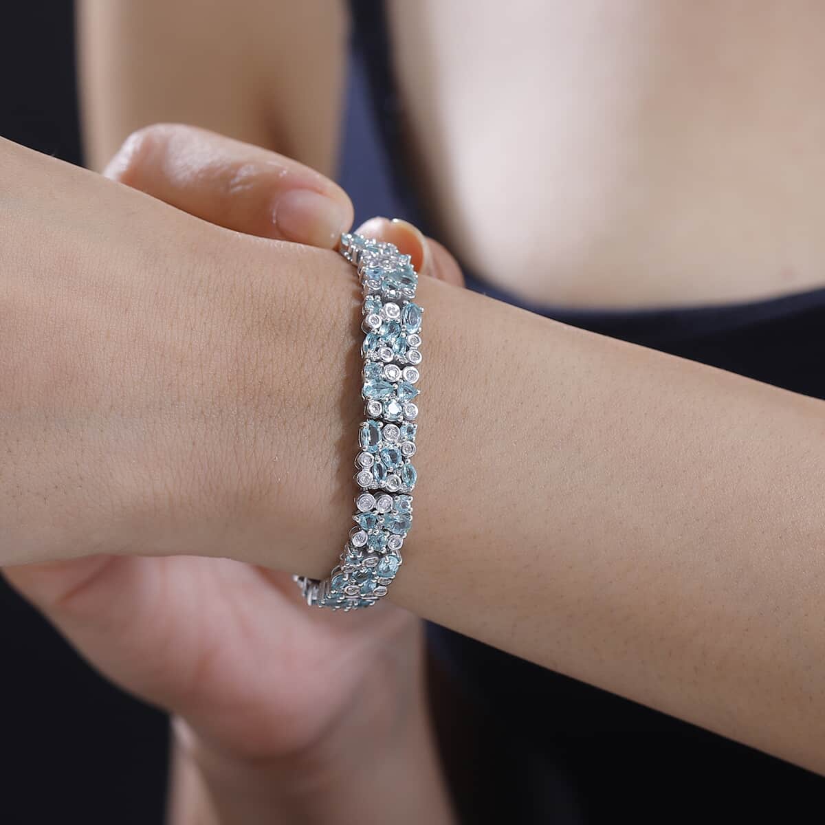 Madagascar Lagoon Apatite and Moissanite 13.00 ctw Ocean Bubble Bracelet in Rhodium Over Sterling Silver (7.25 In) image number 2