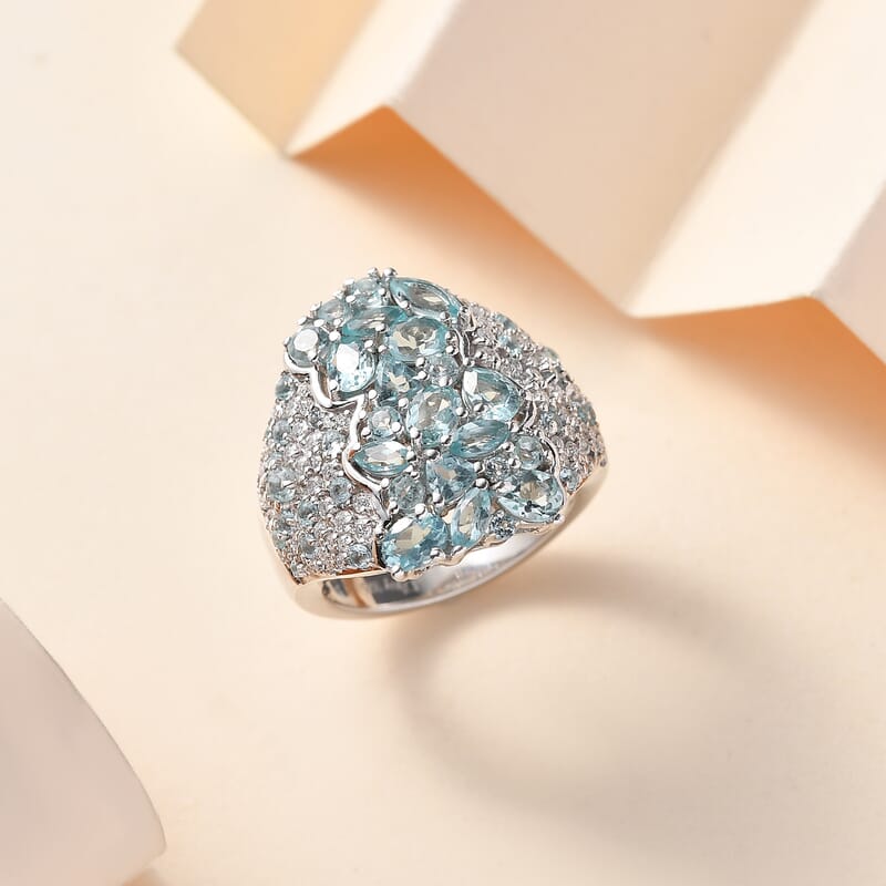 Madagascar Lagoon Apatite and Multi Gemstone 3.50 ctw Ocean Blossom Ring in Rhodium Over Sterling Silver (Size 10.0)