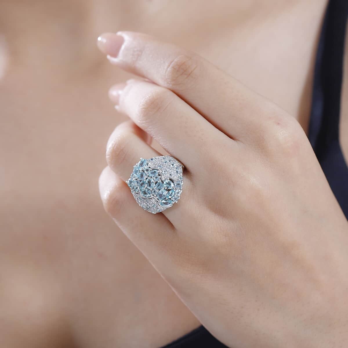 Madagascar Lagoon Apatite and Multi Gemstone 3.50 ctw Ocean Blossom Ring in Rhodium Over Sterling Silver (Size 10.0) image number 2