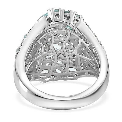 Madagascar Lagoon Apatite and Multi Gemstone 3.50 ctw Ocean Blossom Ring in Rhodium Over Sterling Silver (Size 10.0)