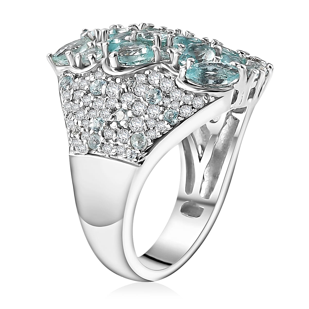 D'Joy Madagascar Lagoon Apatite and Multi Gemstone 3.50 ctw Ocean Blossom Ring in Rhodium Over Sterling Silver (Size 8.0) image number 3