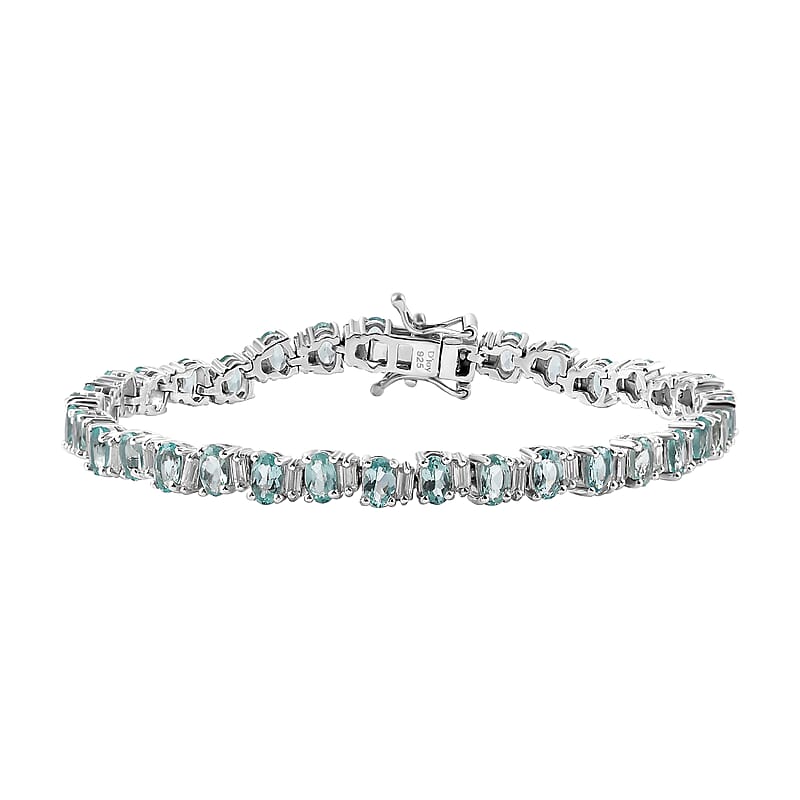D'Joy Madagascar Lagoon Apatite and Moissanite 10.70 ctw Ocean Wave Bracelet in Rhodium Over Sterling Silver (7.25 In)