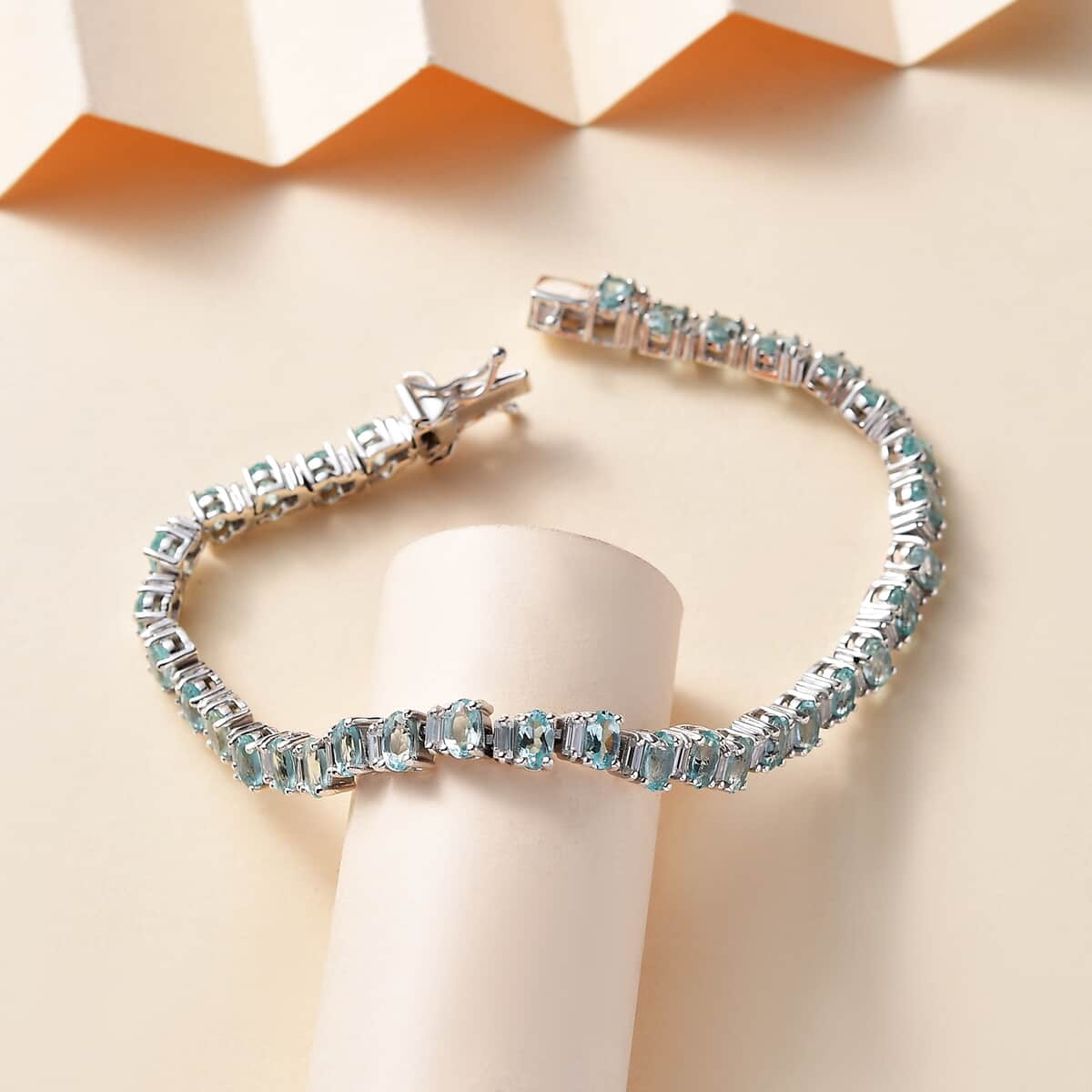 Madagascar Lagoon Apatite and Moissanite 10.70 ctw Ocean Wave Bracelet in Rhodium Over Sterling Silver (7.25 In) image number 1