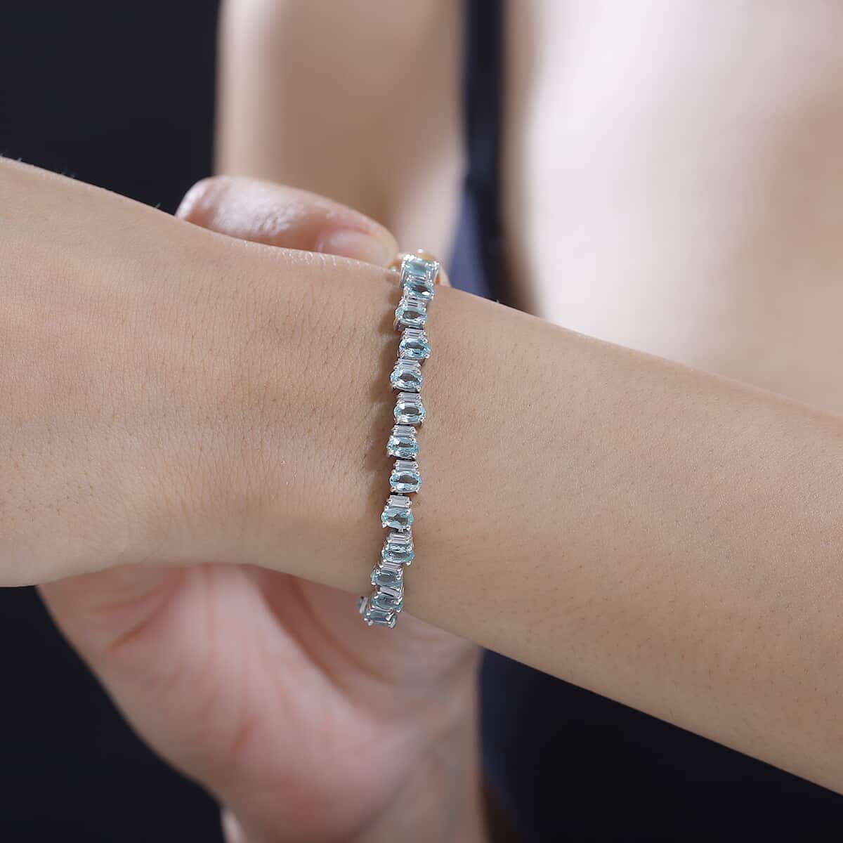 Madagascar Lagoon Apatite and Moissanite 10.70 ctw Ocean Wave Bracelet in Rhodium Over Sterling Silver (7.25 In) image number 2