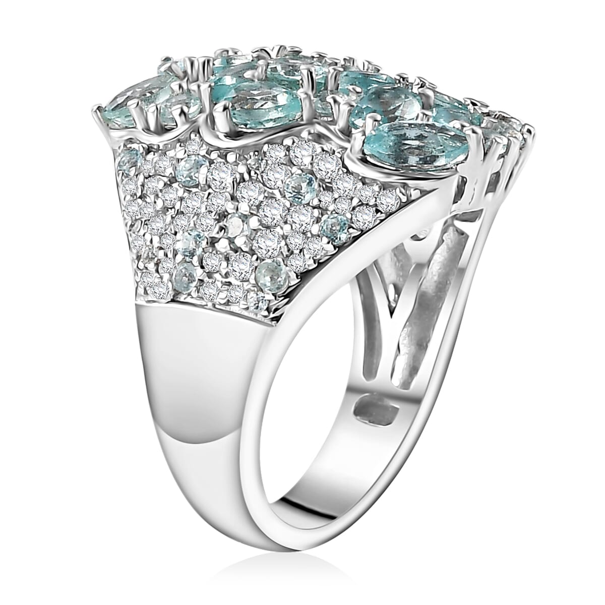 Madagascar Lagoon Apatite and Multi Gemstone 3.50 ctw Ocean Blossom Ring in Rhodium Over Sterling Silver (Size 5.0) image number 3