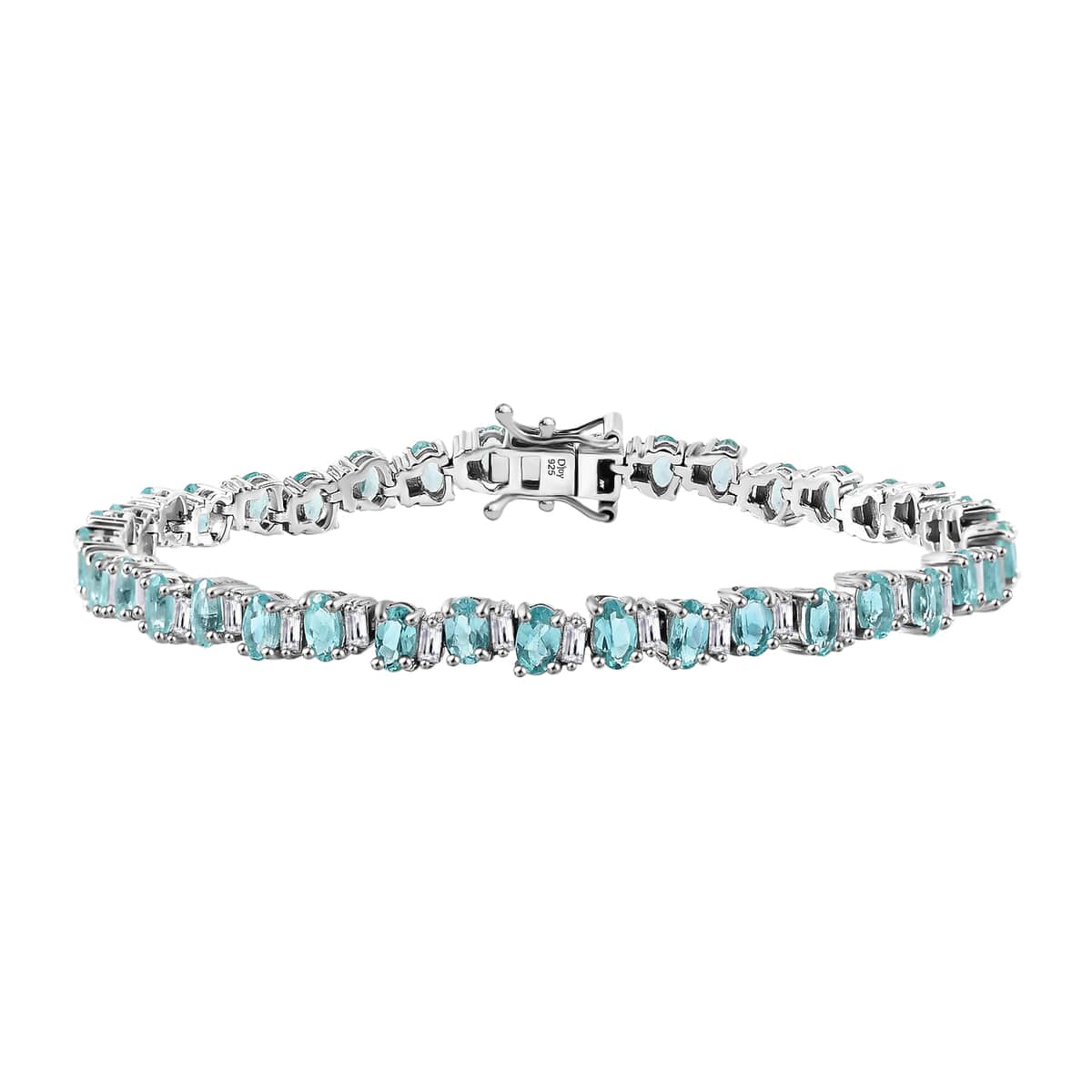 Madagascar Lagoon Apatite and Moissanite 11.65 ctw Ocean Wave Bracelet in Rhodium Over Sterling Silver (8.00 In) image number 0