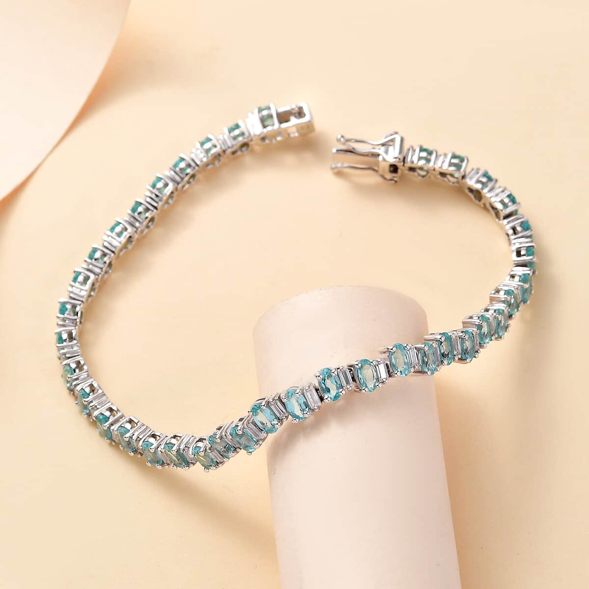 Madagascar Lagoon Apatite and Moissanite 11.65 ctw Ocean Wave Bracelet in Rhodium Over Sterling Silver (8.00 In) image number 1