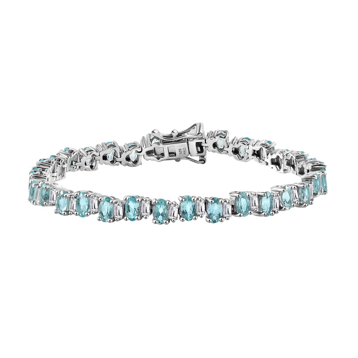 Madagascar Lagoon Apatite and Moissanite 9.30 ctw Ocean Wave Bracelet in Rhodium Over Sterling Silver (6.50 In) image number 0