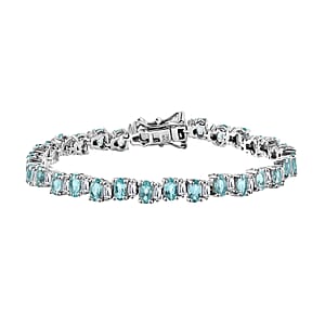 Madagascar Lagoon Apatite and Moissanite 9.30 ctw Ocean Wave Bracelet in Rhodium Over Sterling Silver (6.50 In)