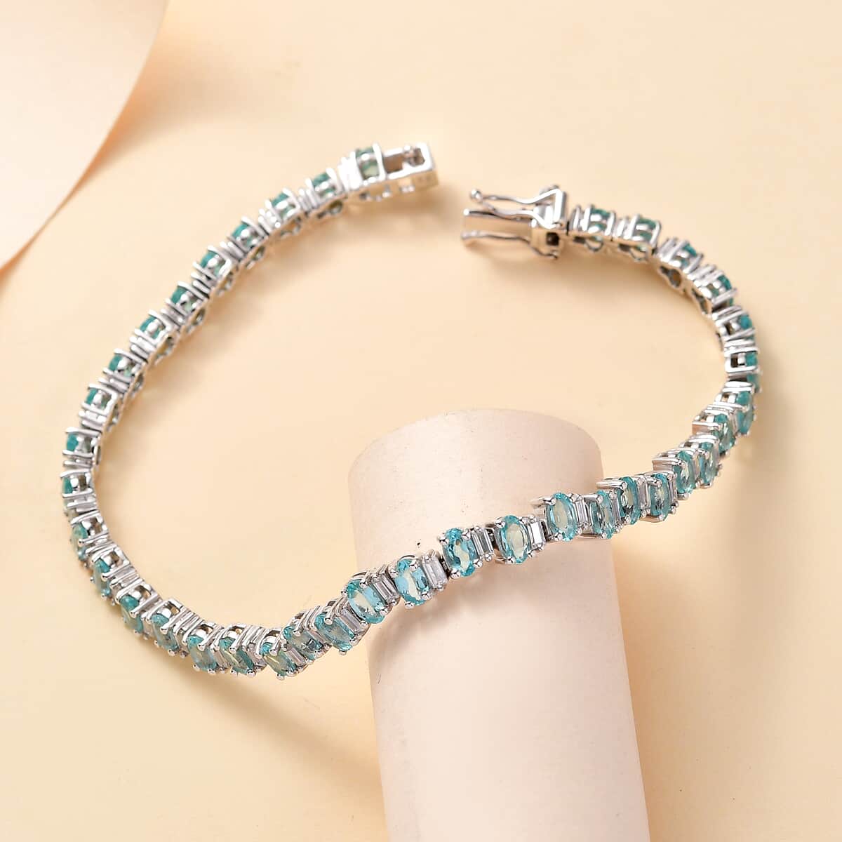 Madagascar Lagoon Apatite and Moissanite 9.30 ctw Ocean Wave Bracelet in Rhodium Over Sterling Silver (6.50 In) image number 1