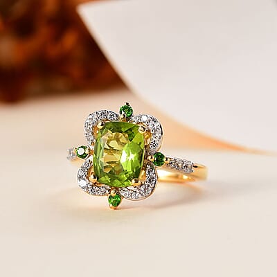 Hebei Peridot and Multi Gemstone 2.85 ctw Clover Leaf Ring in 18K Vermeil Yellow Gold Over Sterling Silver (Size 10.0)