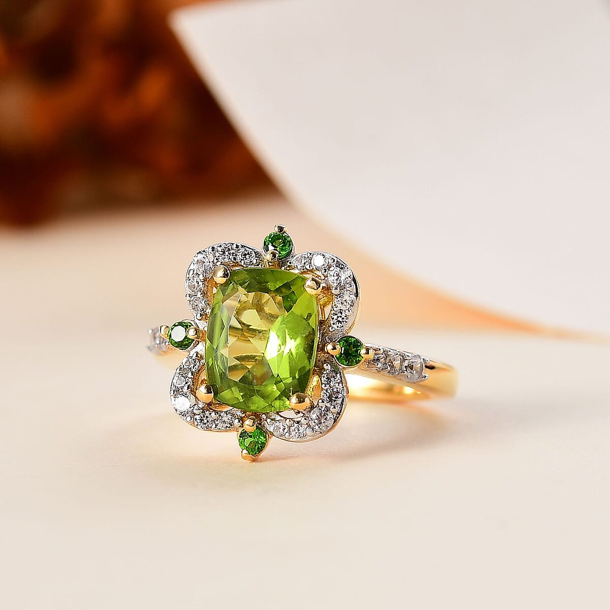 Hebei Peridot and Multi Gemstone 2.85 ctw Clover Leaf Ring in 18K Vermeil Yellow Gold Over Sterling Silver (Size 7.0) image number 1
