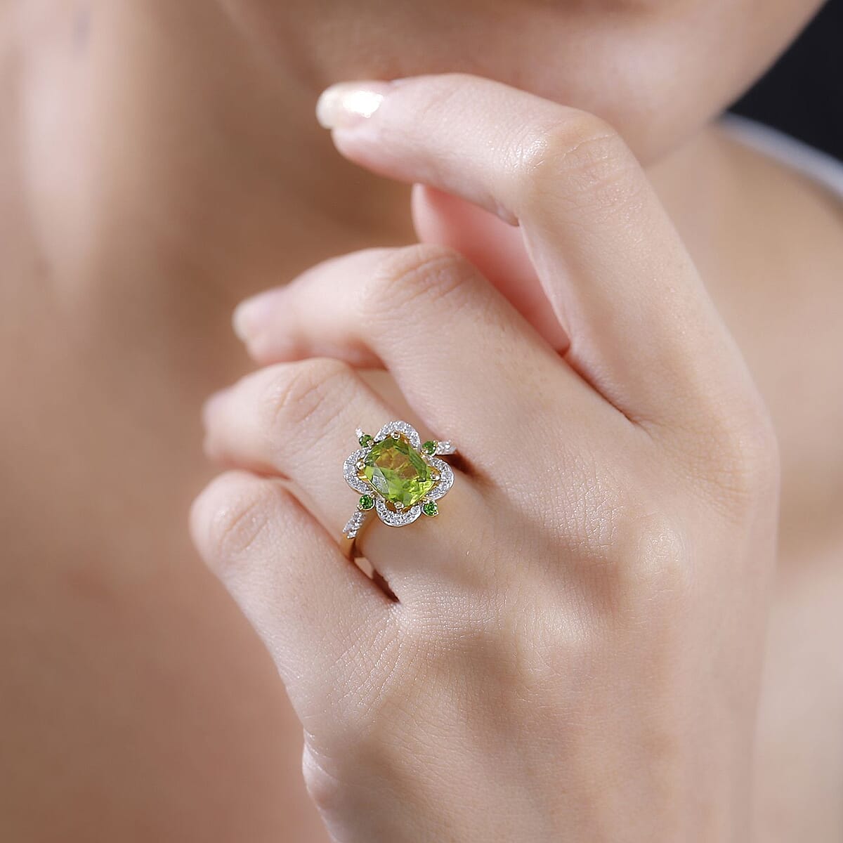 Hebei Peridot and Multi Gemstone 2.85 ctw Clover Leaf Ring in 18K Vermeil Yellow Gold Over Sterling Silver (Size 7.0) image number 2