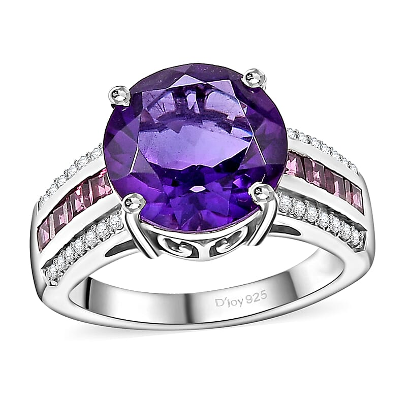 African Amethyst and Multi Gemstone 4.15 ctw Ring in Rhodium Over Sterling Silver (Size 10.0)