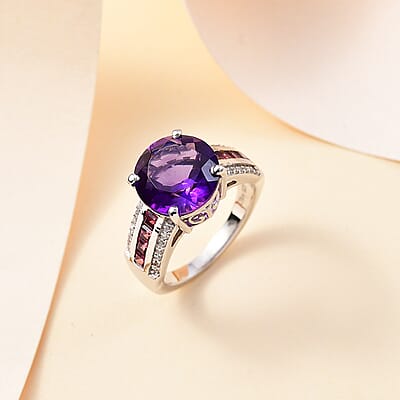 African Amethyst and Multi Gemstone 4.15 ctw Ring in Rhodium Over Sterling Silver (Size 10.0)