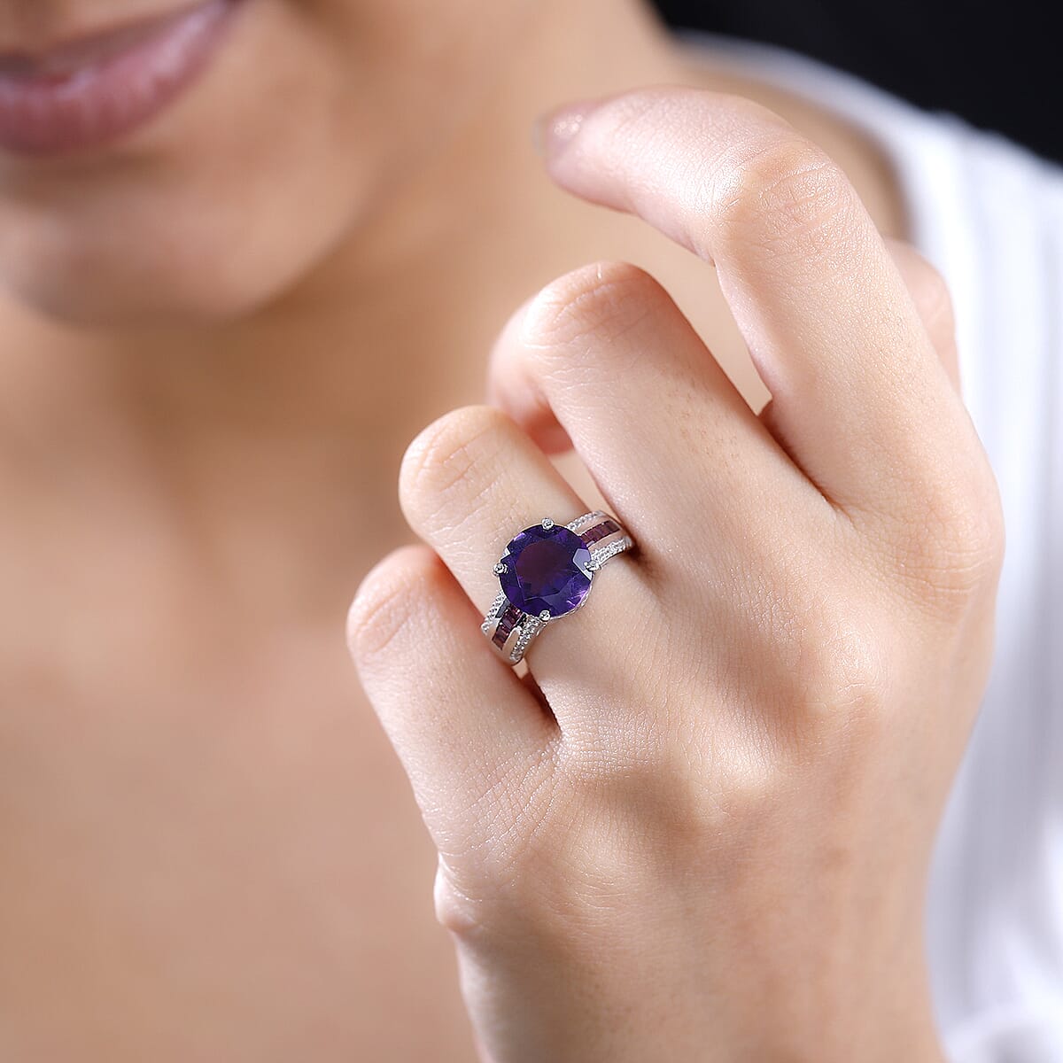 African Amethyst, Multi Gemstone Ring in Rhodium Over Sterling Silver (Size 10.0) 4.15 ctw image number 2