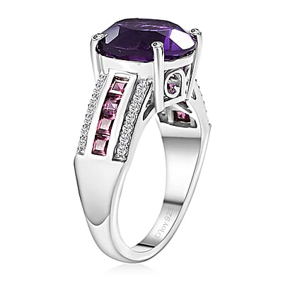 African Amethyst and Multi Gemstone 4.15 ctw Ring in Rhodium Over Sterling Silver (Size 10.0)