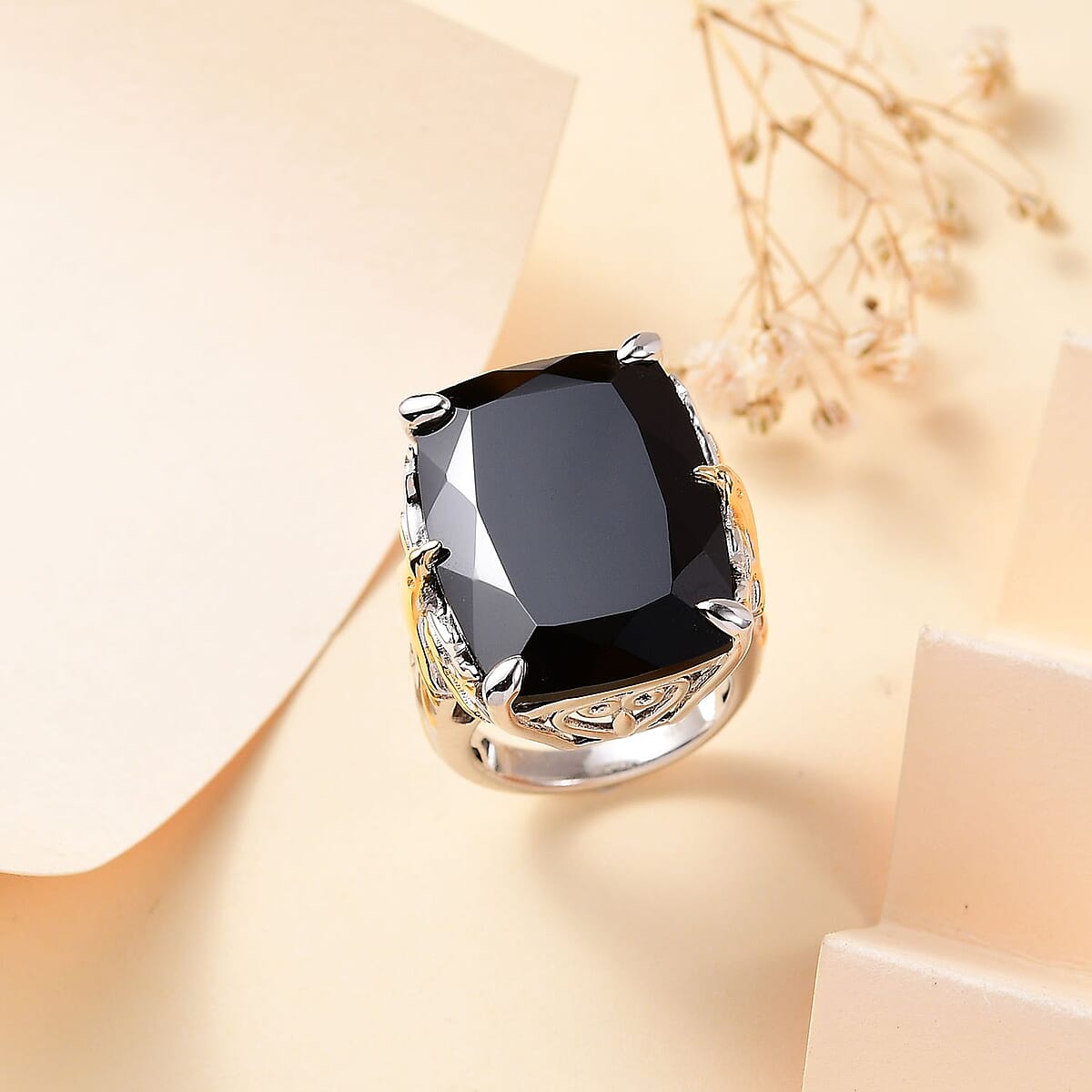 Thai Black Spinel 42.90 ctw Phoenix Ring in 18K Vermeil YG and Rhodium Over Sterling Silver (Size 10.0) image number 1