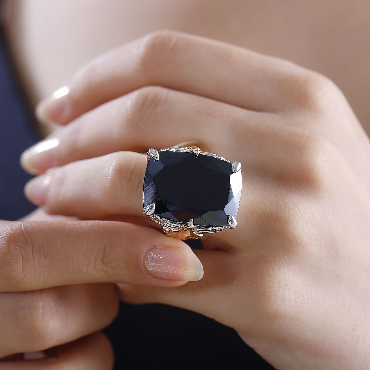 Thai Black Spinel 42.90 ctw Phoenix Ring in 18K Vermeil YG and Rhodium Over Sterling Silver (Size 10.0) image number 2