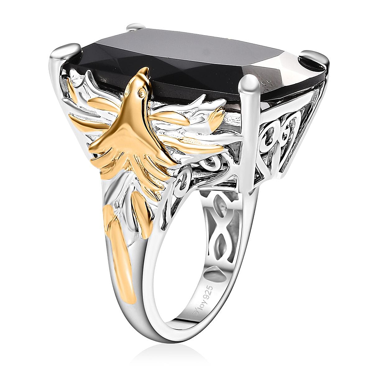 Thai Black Spinel 42.90 ctw Phoenix Ring in 18K Vermeil YG and Rhodium Over Sterling Silver (Size 10.0) image number 3