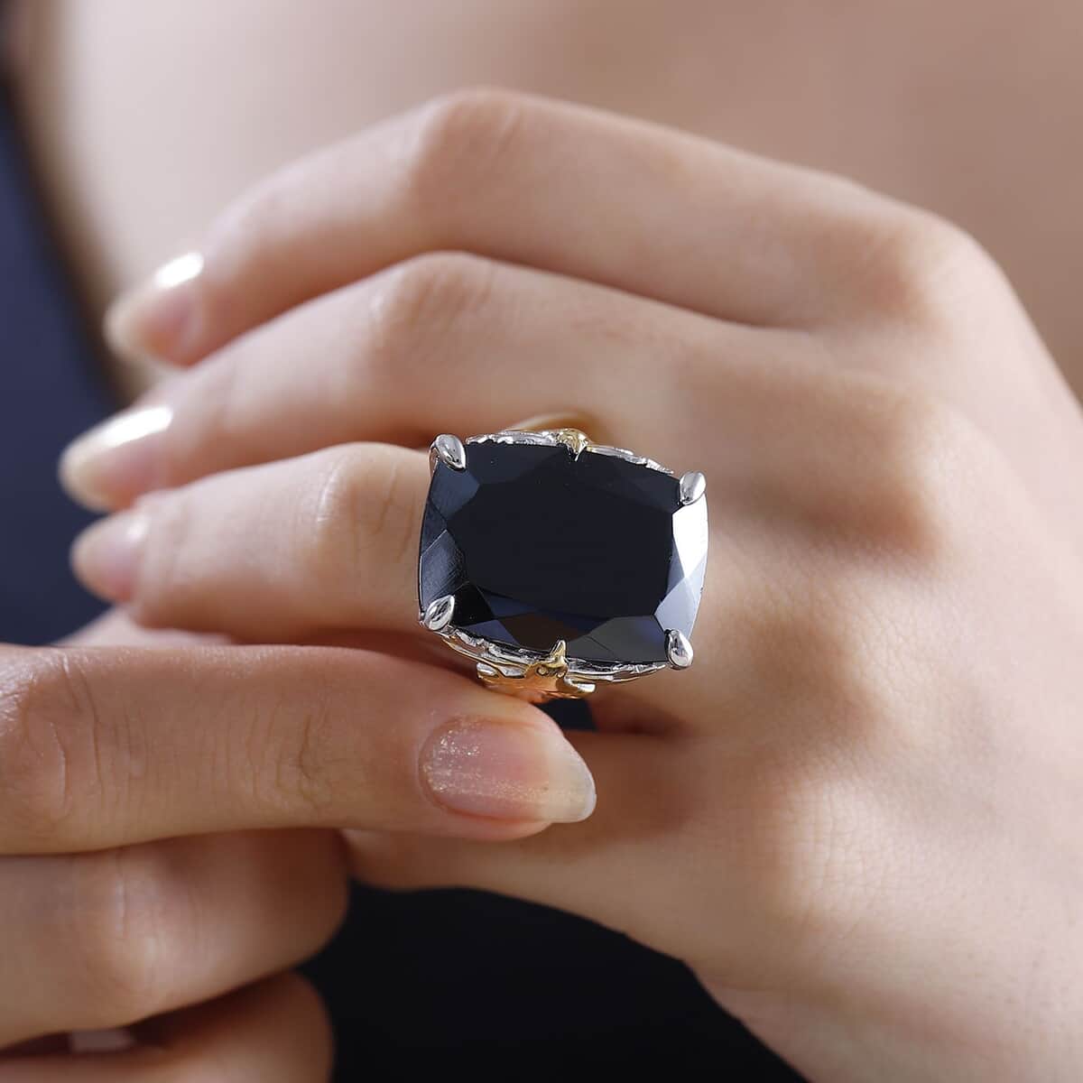 Thai Black Spinel 42.90 ctw Phoenix Ring in 18K Vermeil YG and Rhodium Over Sterling Silver (Size 7.0) image number 2