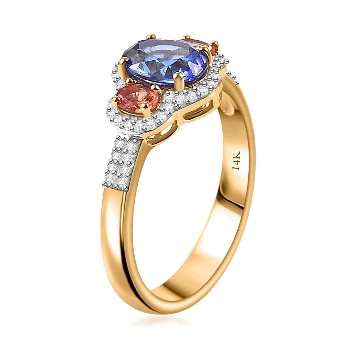 Luxoro AAA Tanzanite and Padparadscha Sapphire (Bery 10.0), G-H I2 Diamond 2.00 ctw Sunset Serenade Ring in 14K Yellow Gold (Size 10.0) image number 3