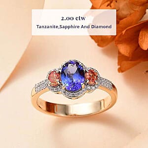 Luxoro AAA Tanzanite and Padparadscha Sapphire (Bery 8.0), G-H I2 Diamond 2.00 ctw Sunset Serenade Ring in 14K Yellow Gold (Size 10.0)
