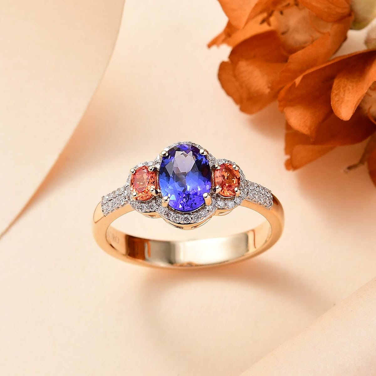 Luxoro AAA Tanzanite and Padparadscha Sapphire (Bery 9.0), G-H I2 Diamond 2.00 ctw Sunset Serenade Ring in 14K Yellow Gold (Size 10.0) image number 1