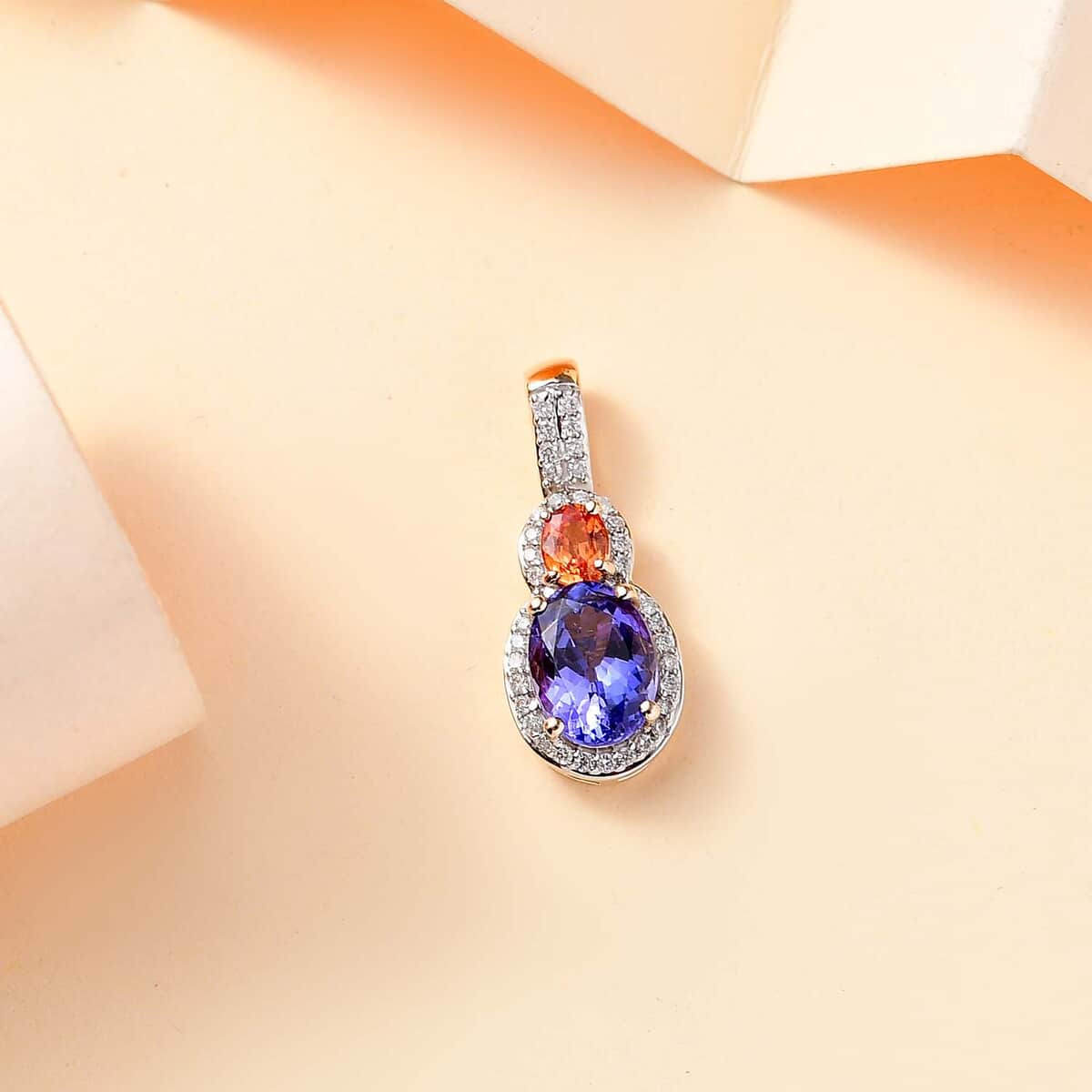 Luxoro AAA Tanzanite and Padparadscha Sapphire (Beryllium Treated), G-H I2 Diamond 1.70 ctw Sunset Serenade Pendant in 14K Yellow Gold image number 1