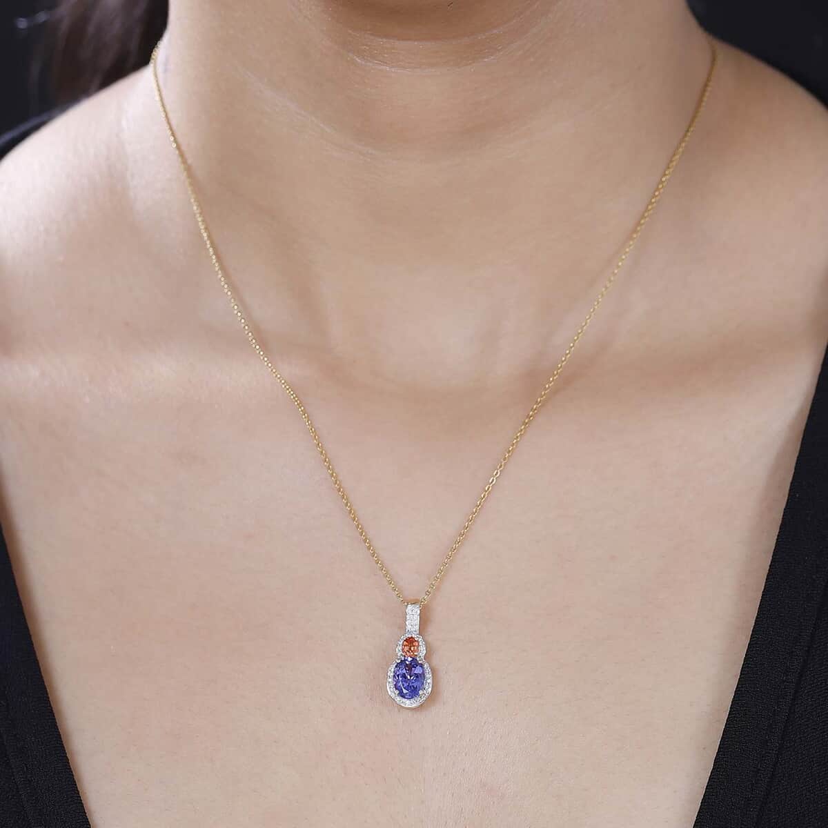 Luxoro AAA Tanzanite and Padparadscha Sapphire (Beryllium Treated), G-H I2 Diamond 1.70 ctw Sunset Serenade Pendant in 14K Yellow Gold image number 2