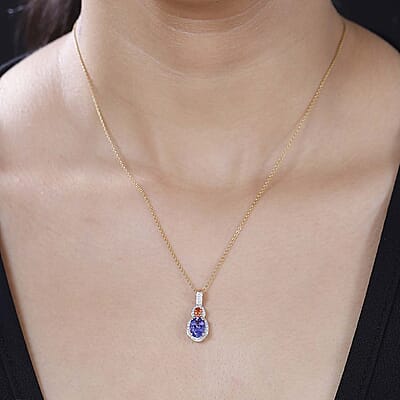 Luxoro AAA Tanzanite and Padparadscha Sapphire (Beryllium Treated), G-H I2 Diamond 1.70 ctw Sunset Serenade Pendant in 14K Yellow Gold