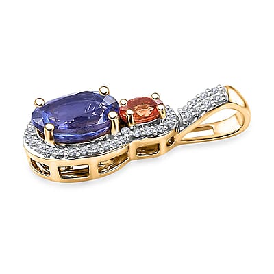 Luxoro AAA Tanzanite and Padparadscha Sapphire (Beryllium Treated), G-H I2 Diamond 1.70 ctw Sunset Serenade Pendant in 14K Yellow Gold