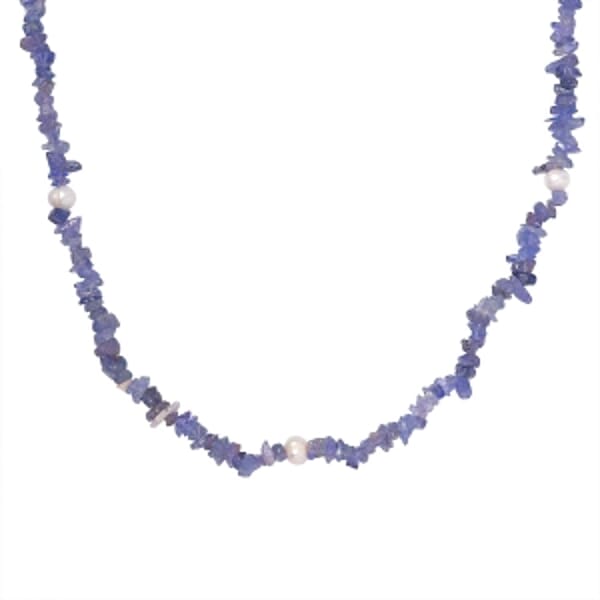Tanzanite and Freshwater Pearl 175.00 ctw Necklace in Silvertone 36 Inches