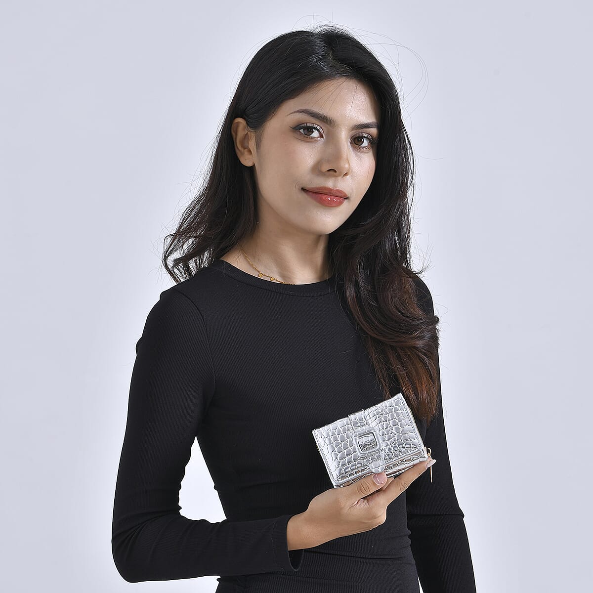 Silver Crocodile Embossed RFID Protected Faux Leather Wallet image number 1