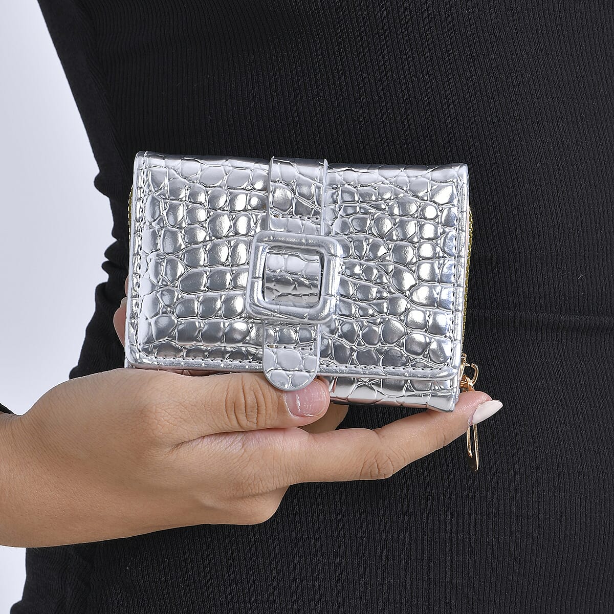 Silver Crocodile Embossed RFID Protected Faux Leather Wallet image number 2