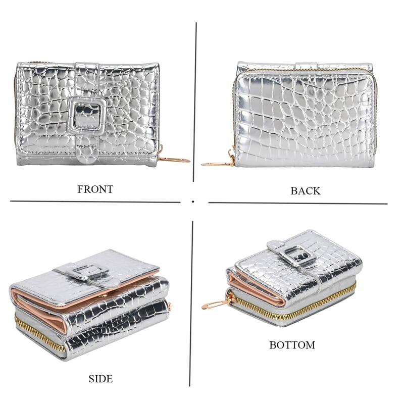 Silver Crocodile Embossed RFID Protected Faux Leather Wallet
