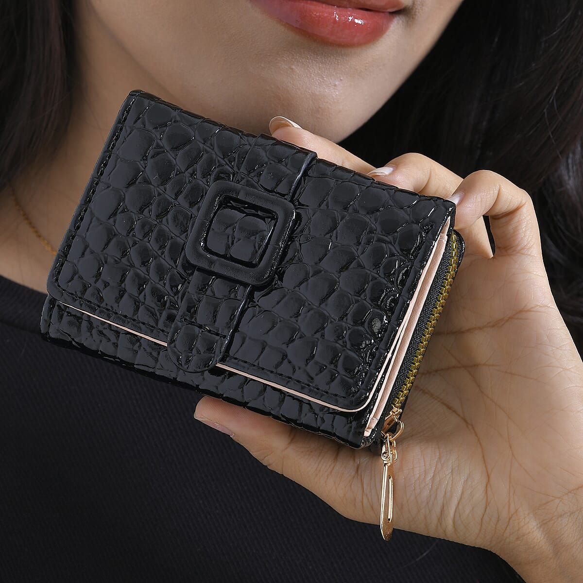 Black Crocodile Embossed RFID Protected Faux Leather Wallet image number 2