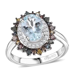 Santa Maria Aquamarine and Multi Diamond 1.50 ctw Ocean Blossom Ring in Rhodium Over Sterling Silver (Size 10.0)