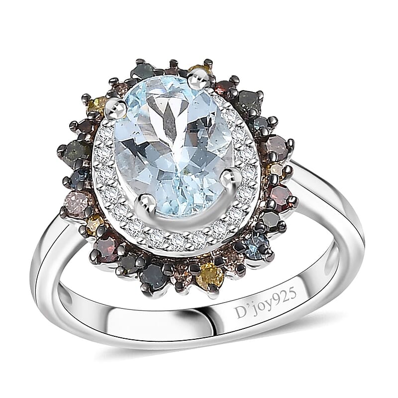 Santa Maria Aquamarine and Multi Diamond 1.50 ctw Ocean Blossom Ring in Rhodium Over Sterling Silver (Size 10.0)