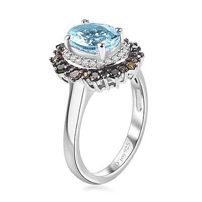 Santa Maria Aquamarine and Multi Diamond 1.50 ctw Ocean Blossom Ring in Rhodium Over Sterling Silver (Size 10.0)