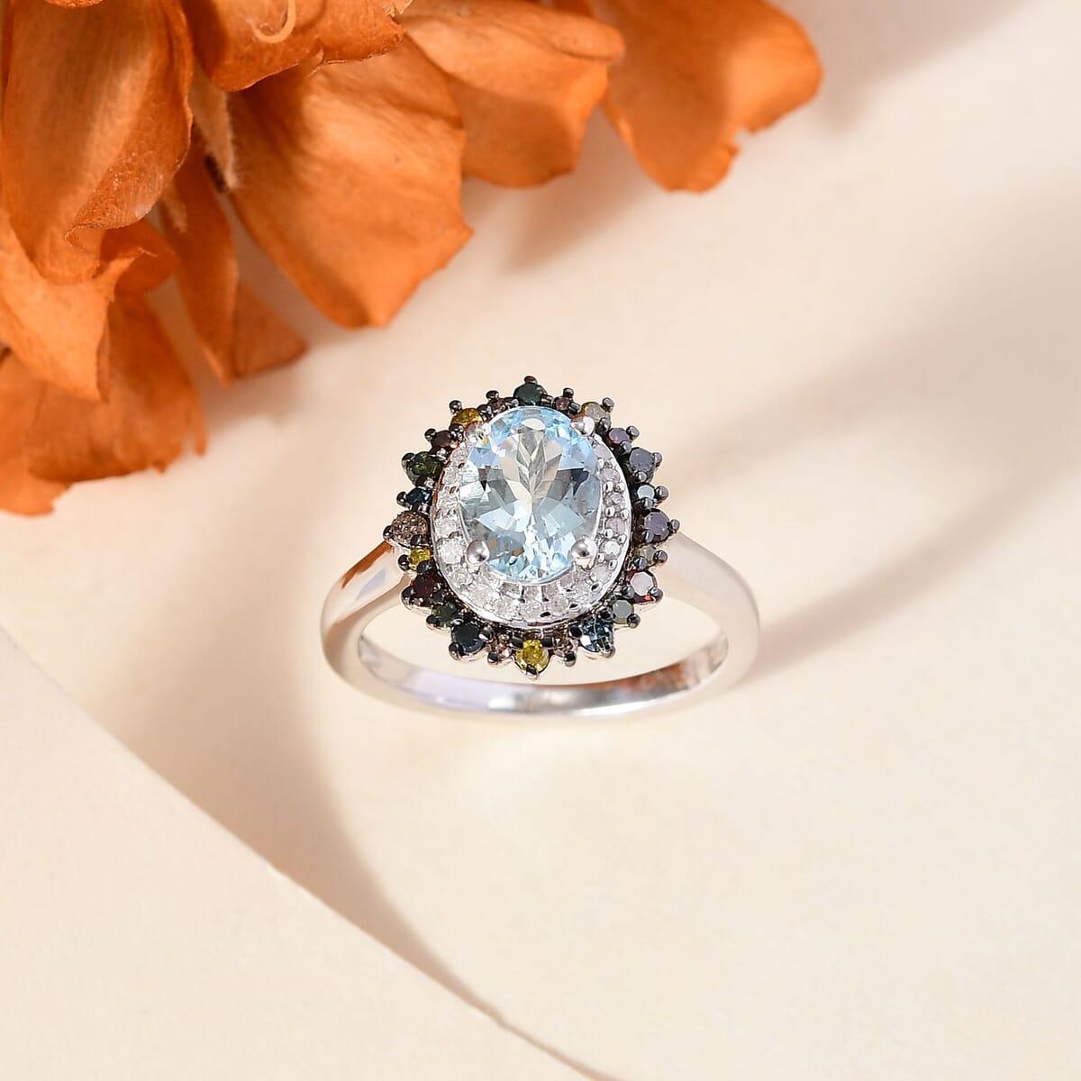 Santa Maria Aquamarine and Multi Diamond 1.50 ctw Ocean Blossom Ring in Rhodium Over Sterling Silver (Size 8.0) image number 1