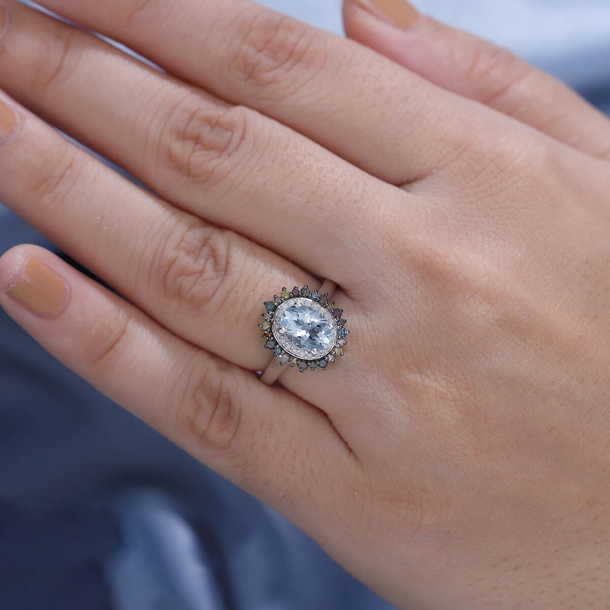 Santa Maria Aquamarine and Multi Diamond 1.50 ctw Ocean Blossom Ring in Rhodium Over Sterling Silver (Size 8.0) image number 2