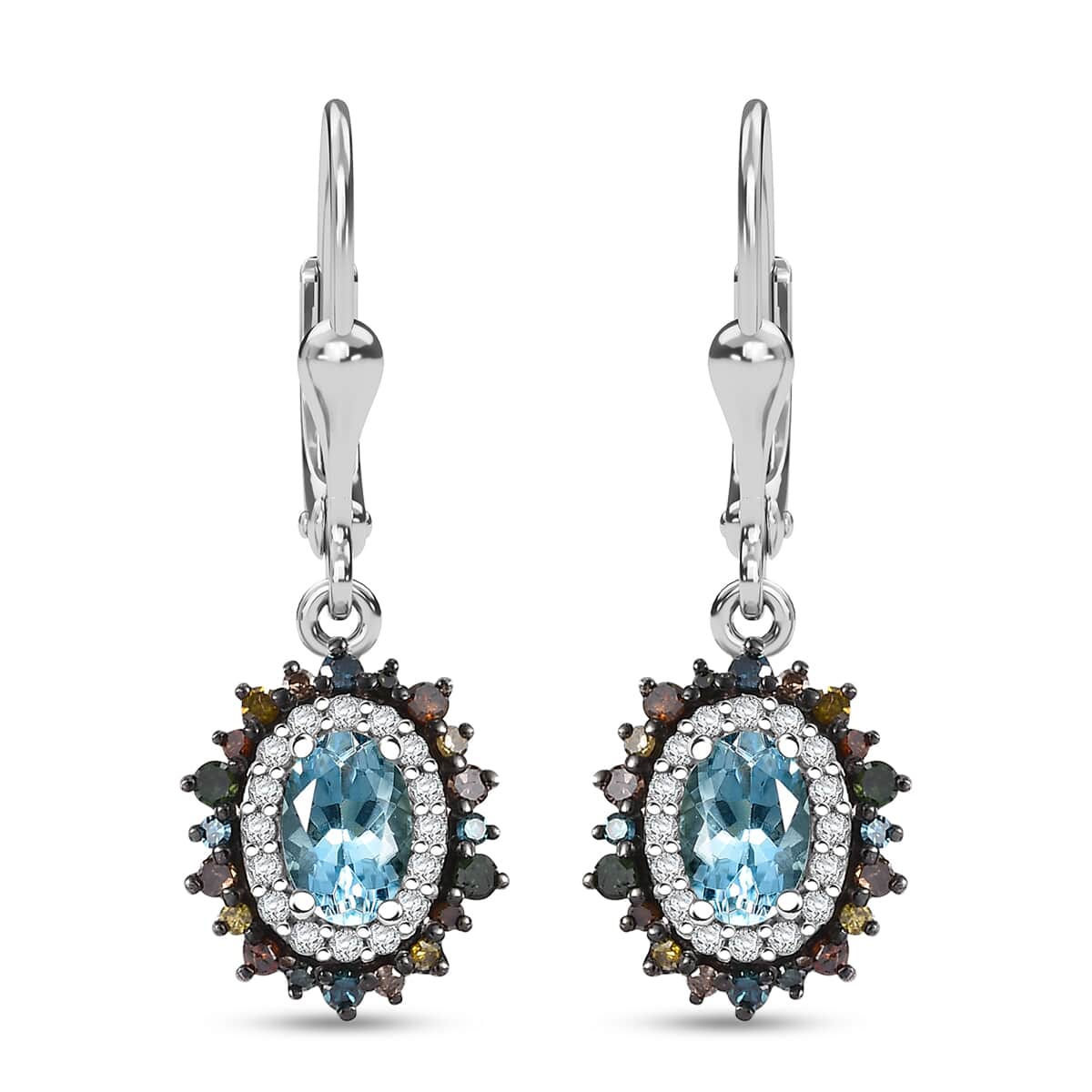 Santa Maria Aquamarine and Multi Color Diamond 1.40 ctw Ocean Blossom Earrings in Rhodium Over Sterling Silver image number 0