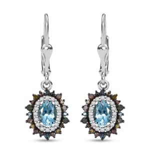 Santa Maria Aquamarine and Multi Color Diamond 1.40 ctw Ocean Blossom Earrings in Rhodium Over Sterling Silver