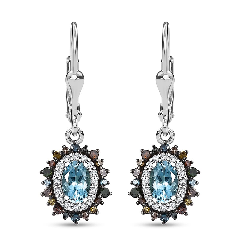 Santa Maria Aquamarine and Multi Color Diamond 1.40 ctw Ocean Blossom Earrings in Rhodium Over Sterling Silver
