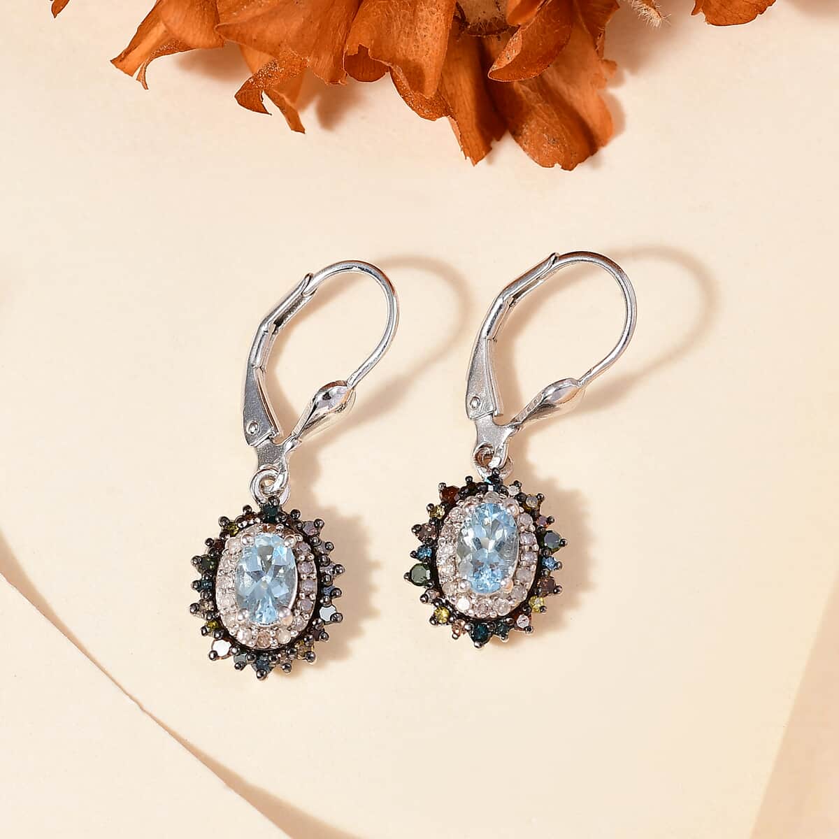 Santa Maria Aquamarine and Multi Color Diamond 1.40 ctw Ocean Blossom Earrings in Rhodium Over Sterling Silver image number 1