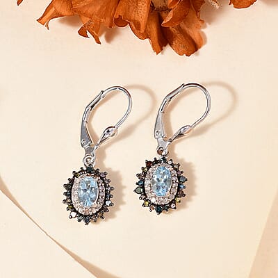 Santa Maria Aquamarine and Multi Color Diamond 1.40 ctw Ocean Blossom Earrings in Rhodium Over Sterling Silver